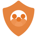 Orange Icon representing 'Adult Safeguarding'. Shield with 3 people set within it.