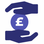 Dark blue Icon of two hands holding a coin representing 'Charity Finance'.