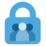 Blue Icon of 3 people set within a padlock shape. Icon represents 'Data Protection and GDPR.