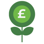 Graphic of a green flower with a '£' sing in the middle. Icon represents 'Developing a Fundraising Strategy.