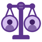 Purple icon of a set of scales that are equally blanaced. Icon represents 'EQUALITY, EQUITY, DIVERSITY AND INCLUSION'