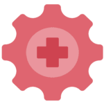 Graphic of a cog wheel with a cross inside. Icon is different shades of coral and represents 'Health and Safety'.
