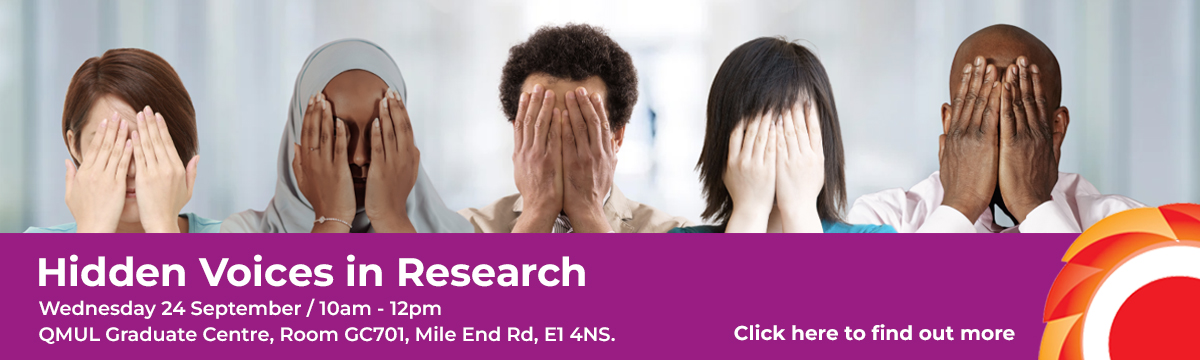 Photograph of 5 researchers covering their faces with their hands. Hidden Voices in Research. Wednesday 24 September / 10am - 12pm QMUL Graduate Centre, Room GC701, Mile End Rd, E1 4NS. Click here to find out more. THCVS logo in the bottom right corner.