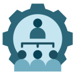 Graphic of 4 people set within a gear With a chair and three trustees inside it. Different shades of turquoise/teal. Icon represents 'Organisational Structures and Governance'.