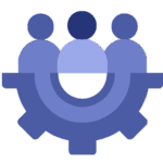 Graphic of 3 people sitting on half a cog wheel. DIiferent shades of purple/mauve. Icon represents 'Trustee Roles and Responsibilities'.
