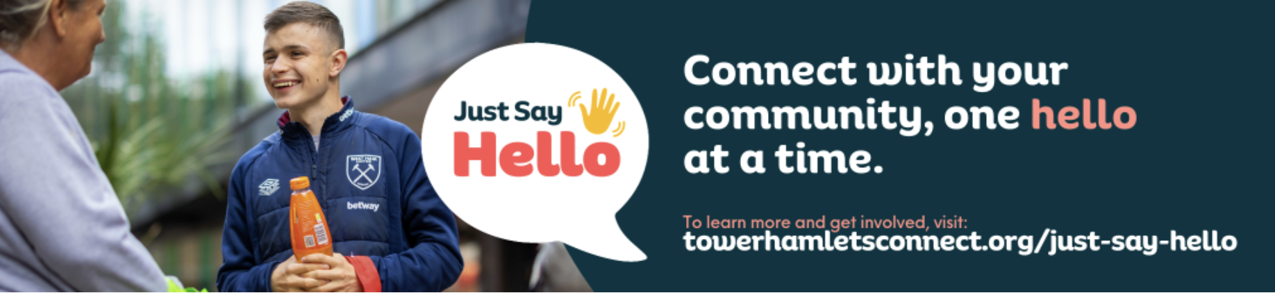 Connect with your community one hello at a time. Just say hallo logo in a white speech bubble. Photograph of a young man speaking with his neighbour.