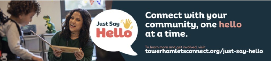 Connect with your community one hello at a time. Just say hallo logo in a white speech bubble. Photograph of a woman interacting with a child.