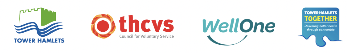 Logos: London Borough of Tower Hamlets, Tower Hamlets CVS, Well One, Tower Hamlets together.
