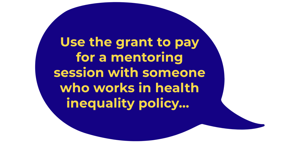 Blue speech bubble with yellow text that reads: Use the grant to pay for a mentoring session with someone who works in health inequality policy...
