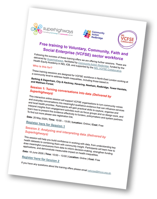 Screen shot of the Free training to Voluntary, Community, Faith and Social Enterprise (VCFSE) sector workforce. Delivered by Superhighways, facilitated by Community Action Redbridge.