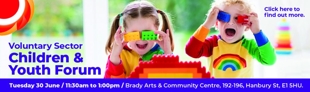 Two children joyfully play with colourful building blocks, wearing rainbow shirts. Voluntary Sector Children & Youth Forum. Tuesday 30 June, Brady Arts and Community Centre, 192-196 Hanbury Street, E1 5HU. THCVS logo in the top left corner. Click here to find out more.