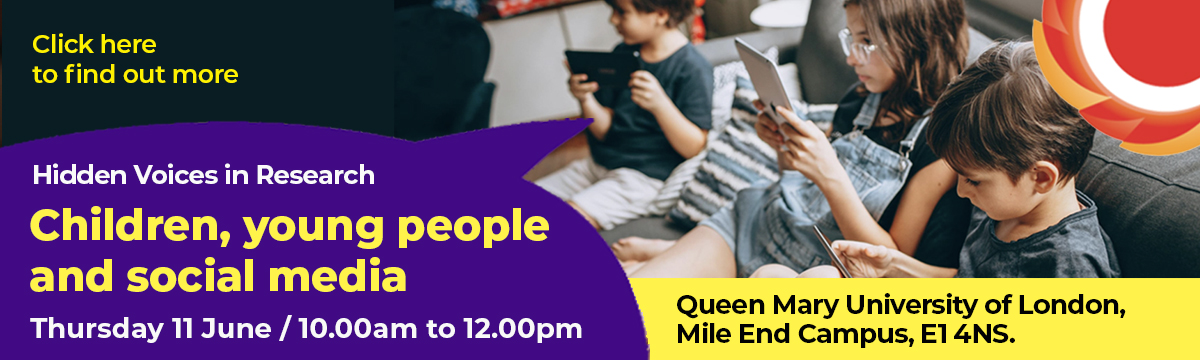Three children sit on a couch, focused on tablets. Purple speech bubble with yellow and white text that reads: Hidden Voices in Research - Children, young people and social media Thursday 11 June / 10.00am to 2.00pm / Queen Mary University of London, Mile End Campus, E1 4NS. CLick here to find out more. THCVS logo in the top right corner.