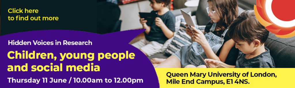 Three children sit on a couch, focused on tablets. Purple speech bubble with yellow and white text that reads: Hidden Voices in Research - Children, young people and social media Thursday 11 June / 10.00am to 2.00pm / Queen Mary University of London, Mile End Campus, Colette Bowe Room, E1 4NS. THCVS logo in the top right corner. Click here to find out more.