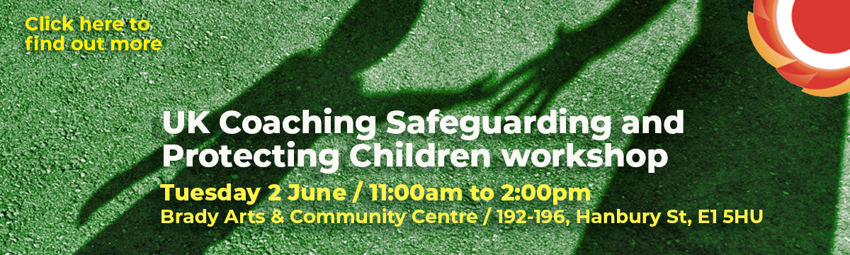 Shadow of an adult reaching out to a child on green grass. UK Coaching Safeguarding workshop, Tuesday 2 June, 11:00am to 2:00pm, Tuesday 2 June / 11:00am to 2:00pm Brady Arts & Community Centre 192-196, Hanbury St, E1 5HU.