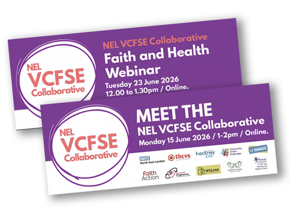 Screen shots of the visuals for 2 of the VCFSE Collaborative's events: ) Meet the VCFSE Collaborative. 2) Faith and Health Webinar.