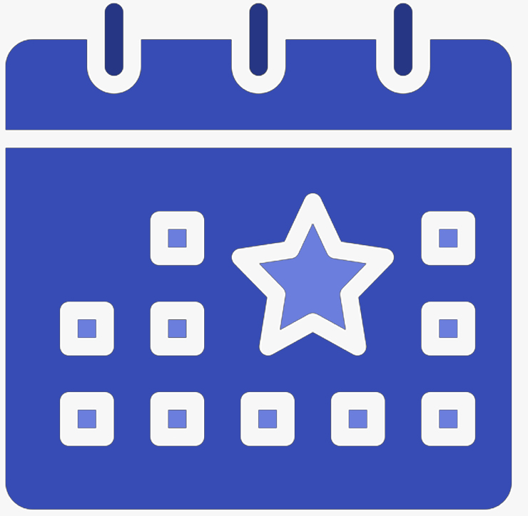 Blue icon of a calendar representing events.