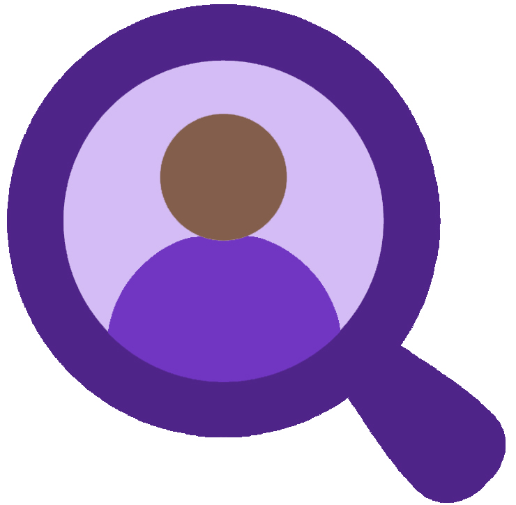 Purple icon with a magnifying glass over a person silhouette