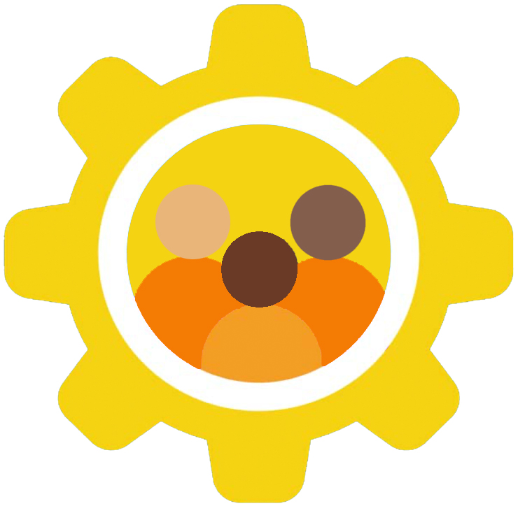 Yellow icon of a cog wheel and 3 people set within a circular frame representing resources.
