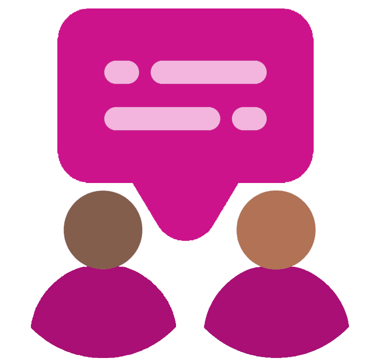 Magenta icon showing two people with a chat/speech bubble above them representing 1-1 support.