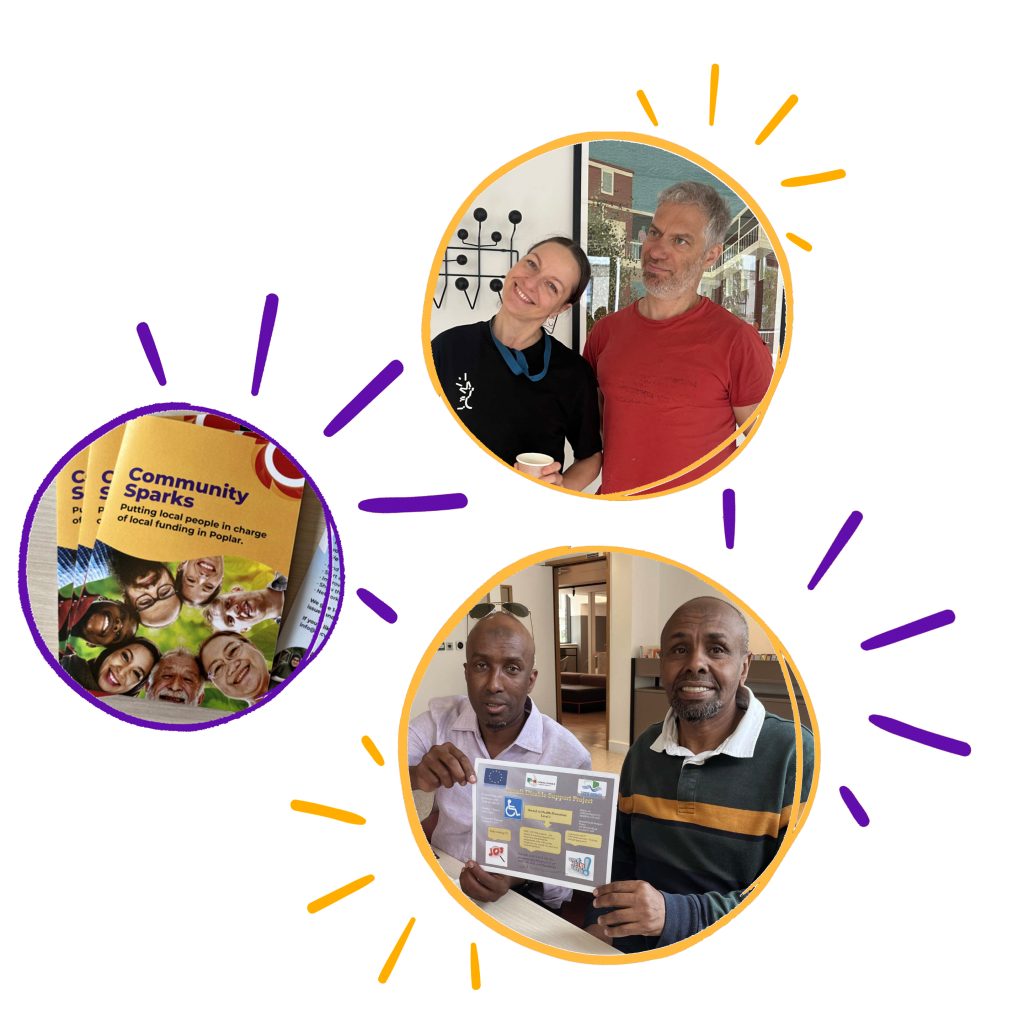 Three circular photos. 1) Circular photo with a yellow sunburst border, showing Margot and Mikey from the people speak - https://thepeoplespeak.org.uk/ . 2) A photo of a stack of Community Sparks leaftlets set within an orange frame. 3) Photograph of members of the Somali Disabled Support Project.