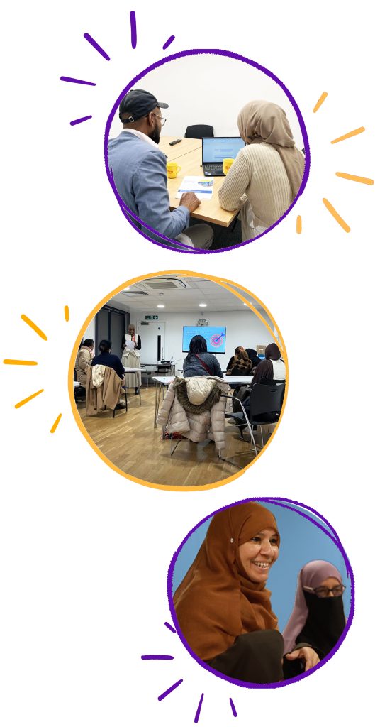 Three circular photos. 1) Photo of THCVS Development Officer Ayyaan Yusuf providing support to an organisation. Photograph is framed with a purple line and a purple starburst on the left hand side. 2) THCVS Development Ayyann Yusuf leading a Community Sparks workshop. 3) Photograph of the founders of Active Wellbeing and Arts CIC.