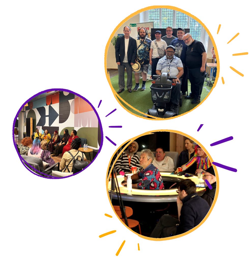Three circular photos. 1) Photograph of the Feldy Fellas at theCommunity Sparks Pitch and Voting Day. 2) Photograph of a pnael discussion at Black History Month Residency. 3) Photograph of Mikey at the People Speak event.